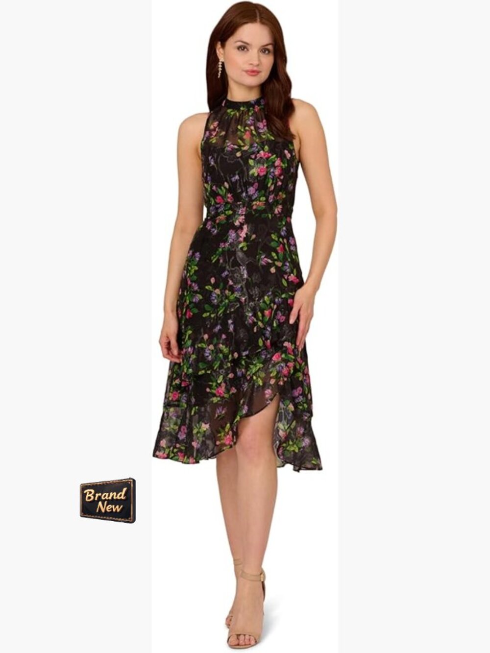 Floral Chiffon Halter Midi Dress with Wrap Skirt Sheer Yoke